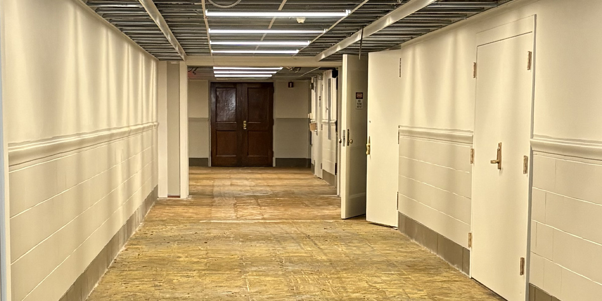 Gregory Hall lights installed and floor removed