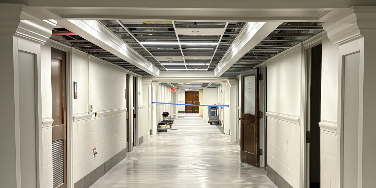Gregory Hall floor mitigated, walls painted, lights in portals built