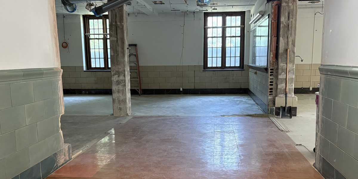 Gregory Hall Rooms 1, 2, 3 after demo from hallway