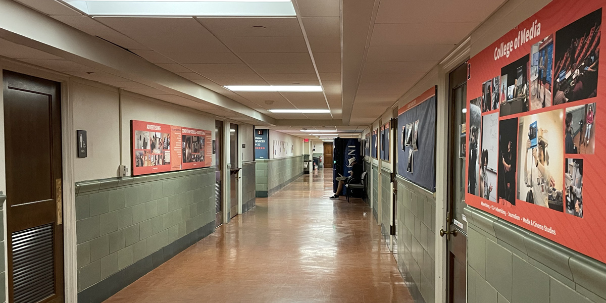 Gregory Hall lower level corridor before from west