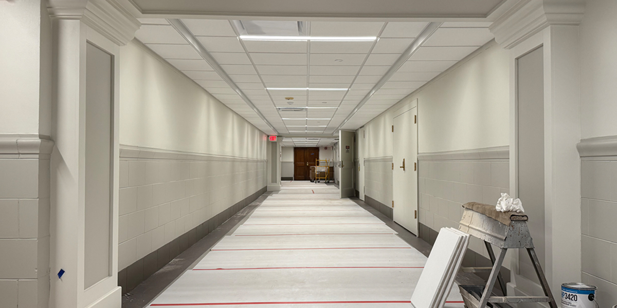 Greg Hall corridor ceiling tiles installed