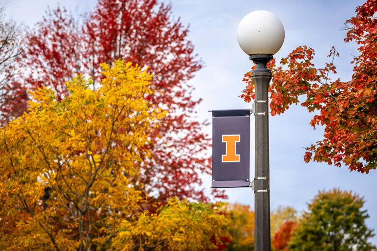 University of Illinois campus with fall leaves and Block I banner