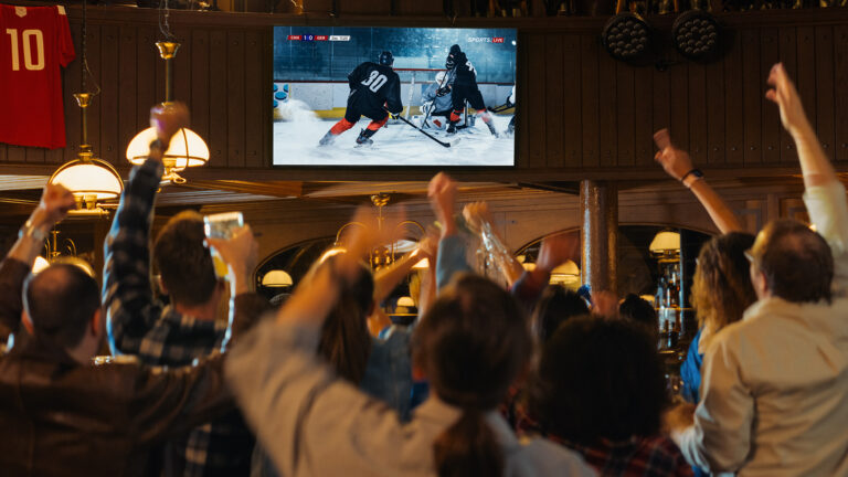Fans in a pub watching hockey and cheering together