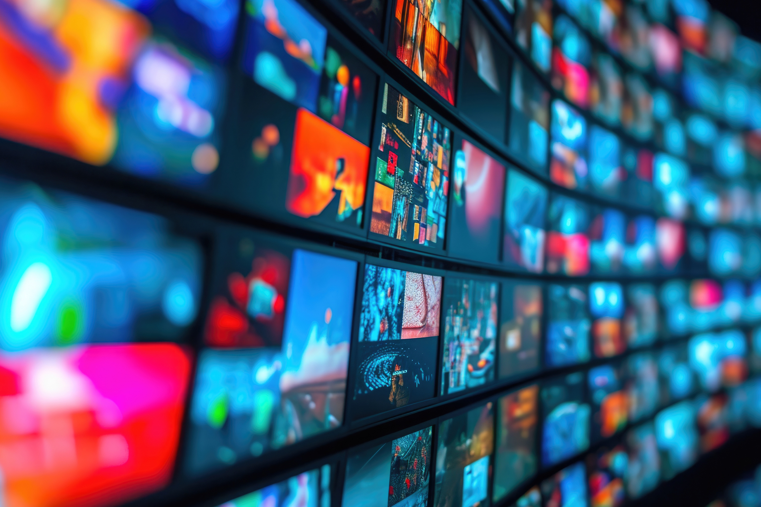 Wall of screens with media playing